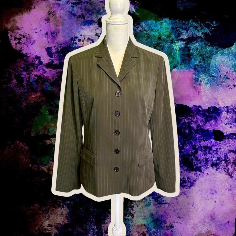 NWT Yansi Fugel Olive Green / Brown Neutral Striped Button-Up Blazer Size 12